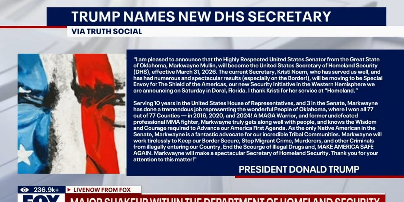 Noem to Be A Special Envoy for the Shield of Americas with Markwayne Mullin to Become the Next U.S. Secretary of Homeland Security