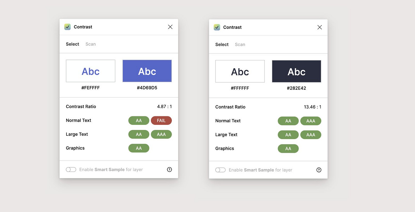 Two contrast checker windows, on the left the primacy CTA colour is shown to have failed a triple-A accessibility standard, on the right the accessibility checks are in order