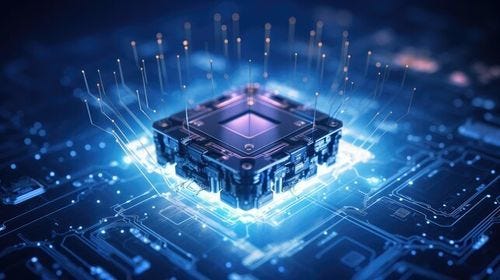 Abstract technology background of a quantum computing system with processor and electronic circuit. Artificial neurons, global data connections - Generative AI