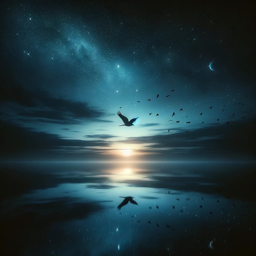 Create a serene and symbolic image reflecting the concept of the last of its kind without any text, focusing on the themes of solitude, the passage of time, and the natural cycle of life and extinction. Visualize a solitary bird silhouette against a backdrop of a vast and gradually darkening sky, transitioning from dusk to the first stars of the night. The scene should evoke a sense of peaceful finality and cosmic perspective, highlighting the lone bird as a poignant symbol of the endling. This image should inspire contemplation on the beauty of life's ephemeral nature and the universal journey towards silence. Create a serene and symbolic image reflecting the concept of the last of its kind without any text, focusing on the themes of solitude, the passage of time, and the natural cycle of life and extinction. Visualize a solitary bird silhouette against a backdrop of a vast and gradually darkening sky, transitioning from dusk to the first stars of the night. The scene should evoke a sense of peaceful finality and cosmic perspective, highlighting the lone bird as a poignant symbol of the endling. This image should inspire contemplation on the beauty of life's ephemeral nature and the universal journey towards silence.