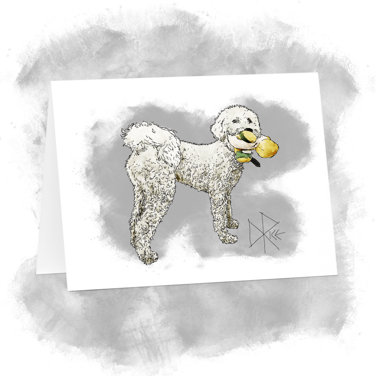 Wagging his tail and holding a plush Yoshi toy in his mouth, a poodle stands patiently and waits for his buddy to put on some shoes. Sketch art by Don Rice. Wagging his tail and holding a plush Yoshi toy in his mouth, a poodle stands patiently and waits for his buddy to put on some shoes. Sketch art by Don Rice.