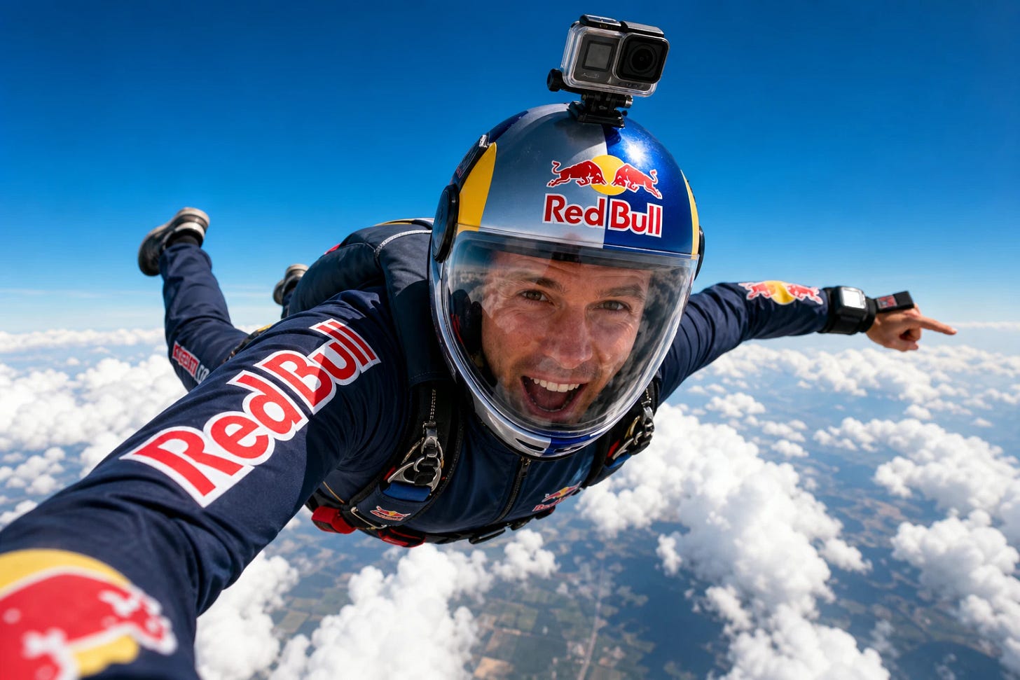 Extreme athlete skydiving with red bull sponsorship and camera on helmet