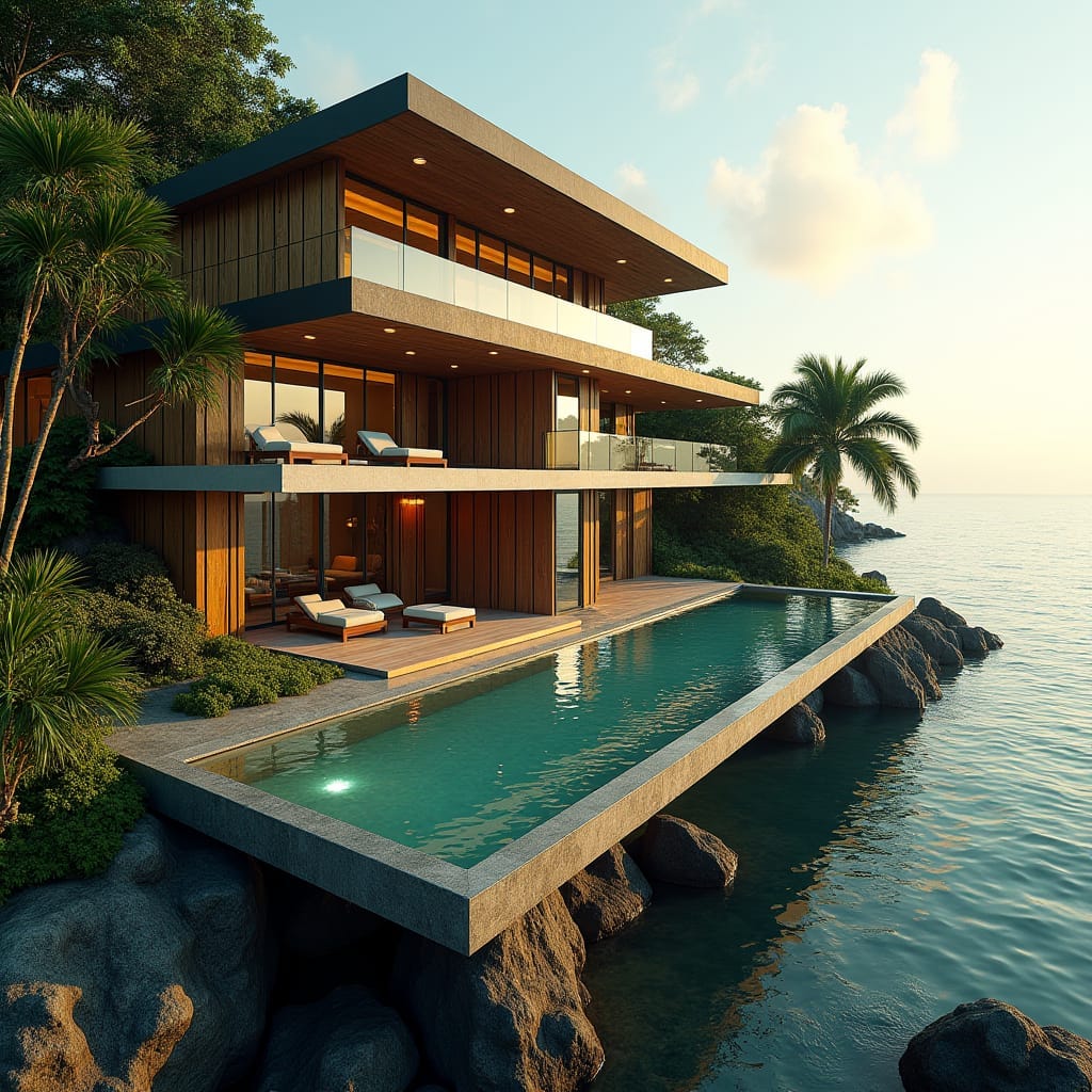 Vast, modern, one-story Jamaican timber home, 10 bedrooms wide, with expansive glass windows, cantilevered platforms, and gleaming glass pools, seamlessly integrated into the beachside landscape of Portland, Jamaica. Weathered wooden accents and lush greenery blend harmoniously with the structure, as warm, golden light dances across the facade.