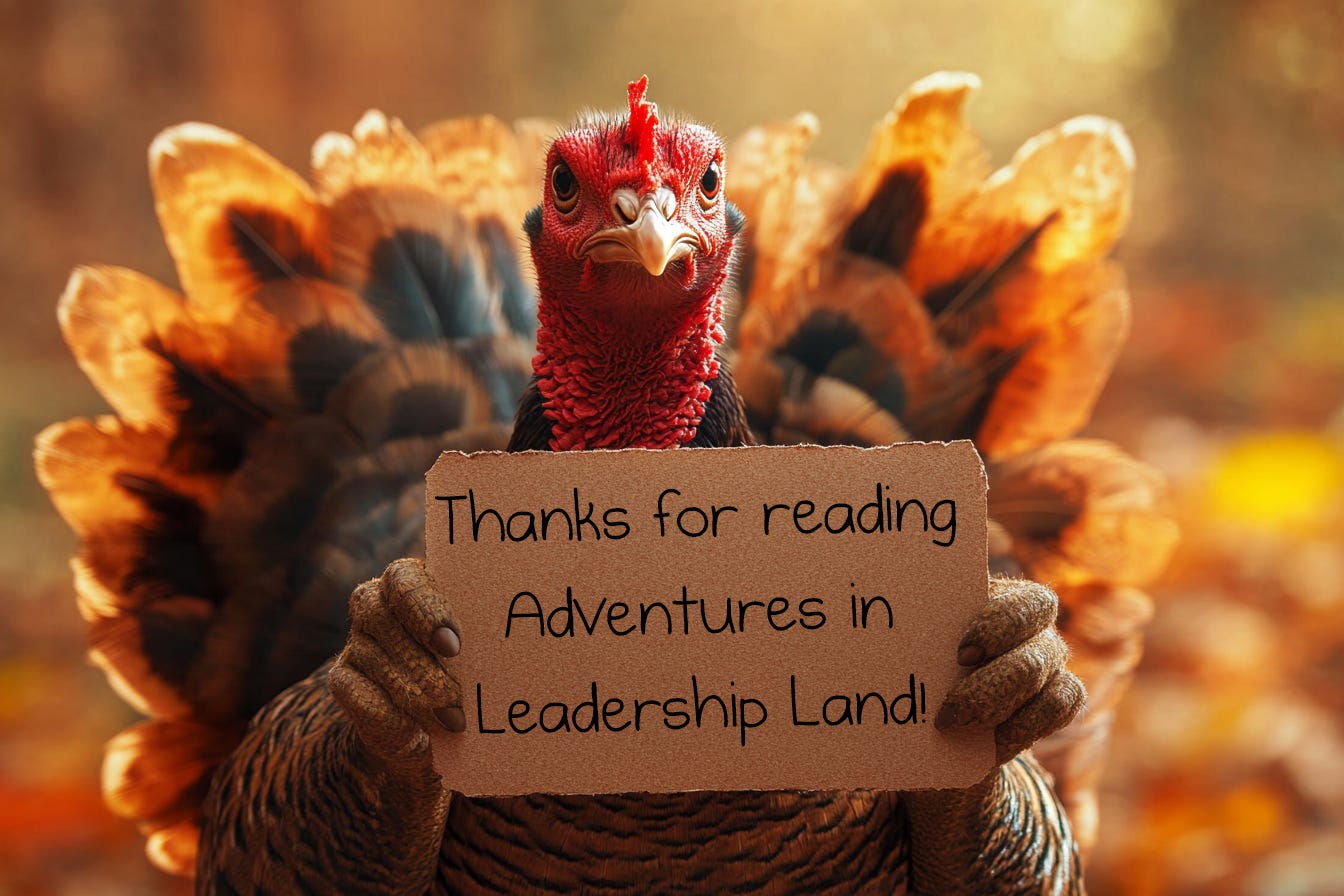 "Also, you noticed the implausibility of a turkey with opposable thumbs, but didn't notice that it's holding up a sign written in English?"