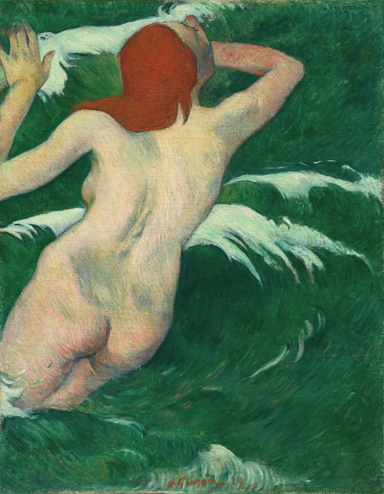 "In the Waves" by Paul Gauguin. A woman with vivid red hair is seen from behind, diving into deep green, stylized waves. Her pale, arched body is caught mid-motion against the emerald water and white foam, emphasizing a sense of immersion and physical movement. Part of the In the Flesh series at The Subtext Review. "In the Waves" by Paul Gauguin. A woman with vivid red hair is seen from behind, diving into deep green, stylized waves. Her pale, arched body is caught mid-motion against the emerald water and white foam, emphasizing a sense of immersion and physical movement. Part of the In the Flesh series at The Subtext Review.