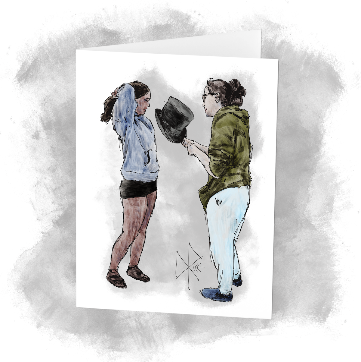 Two teen girls enjoy a visit to a second hand shop, trying on various hats. Sketch art by Don Rice.