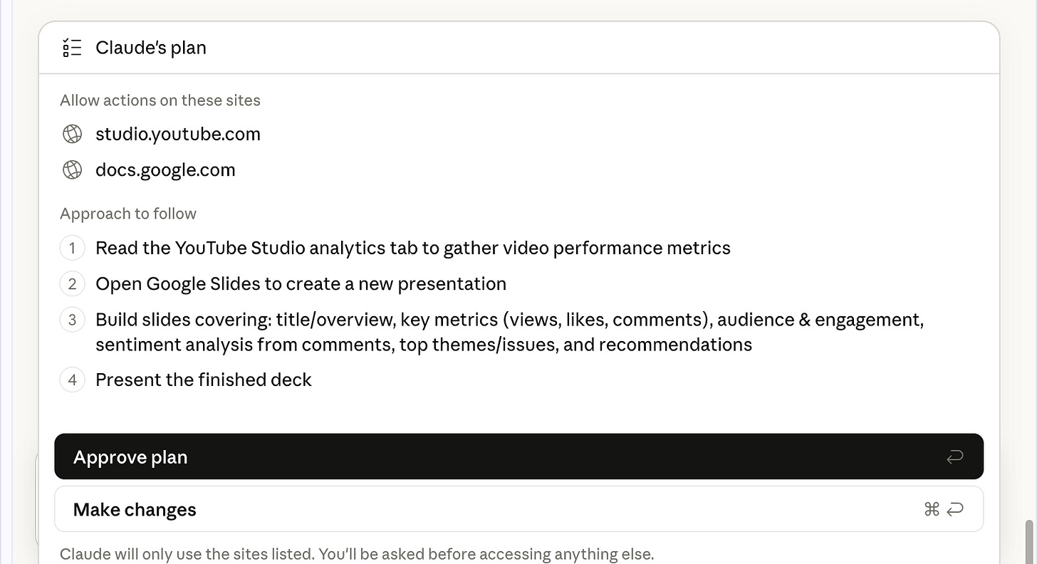 Screenshot of Claude’s plan interface showing approved site access to studio.youtube.com and docs.google.com, followed by a four-step execution plan: read YouTube Studio analytics, open Google Slides, build slides covering key metrics and sentiment analysis, and present the finished deck, with “Approve plan” and “Make changes” buttons at the bottom.