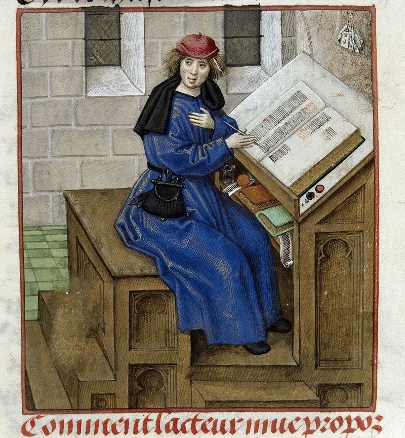 A medieval scribe with a manuscript A medieval scribe with a manuscript