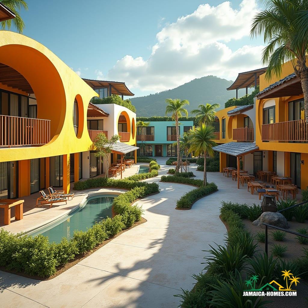 Vibrant multi-use complex in Ocho Rios, Jamaica, showcasing bright colors, curved shapes, and local materials like limestone and wood, with open spaces connecting cafes, shops, and apartments amidst lush tropical landscapes and soothing water features, capturing the essence of a walkable Caribbean community, designed with inspiration from the architectural styles of Ricardo Legorreta, Alberto Campo Baeza, and Zaha Hadid, with a focus on harmonious integration with the natural surroundings