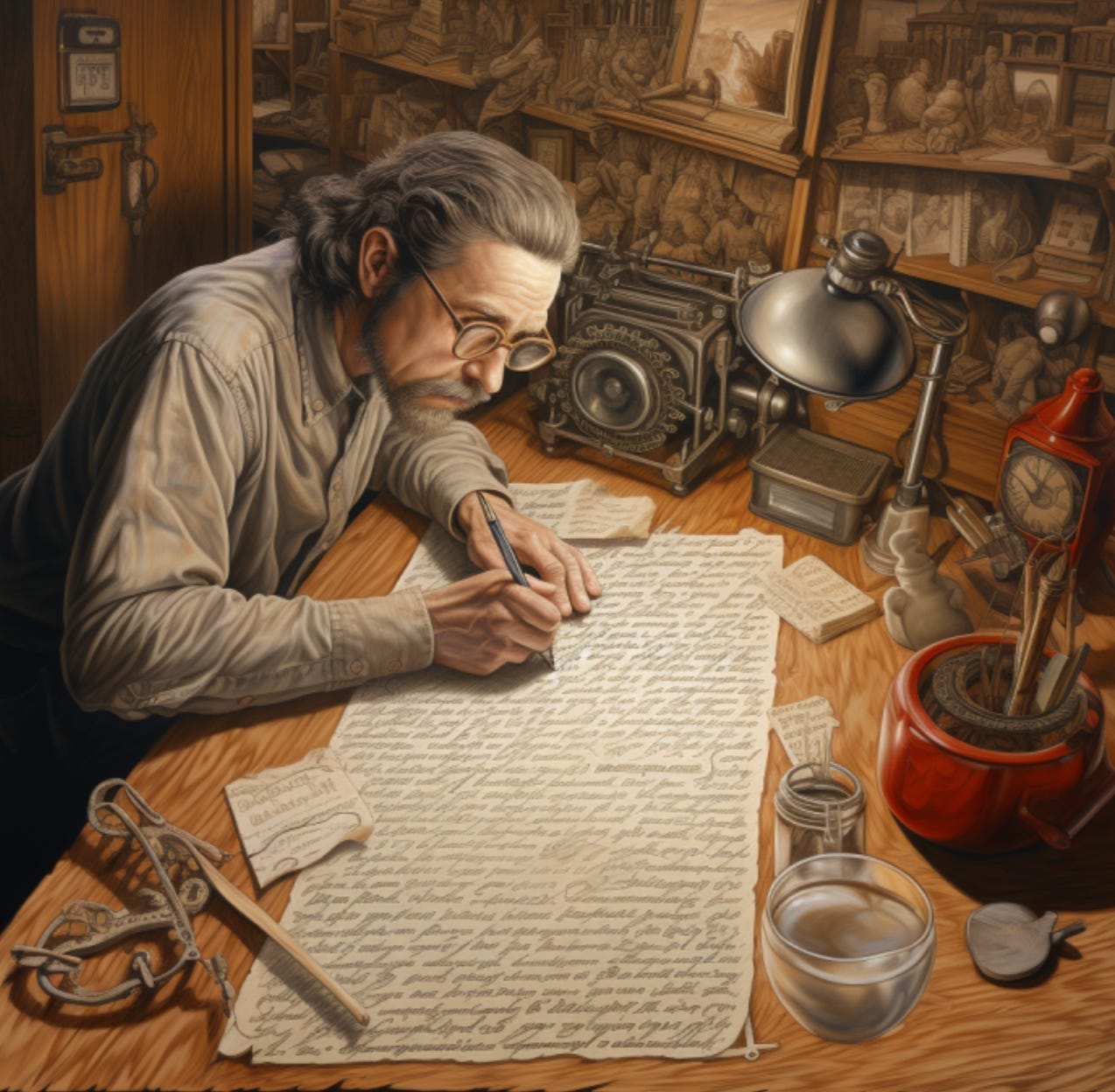 AI Graphic Representing David Josef Volodzko Writing a Letter in a Vintage Setting