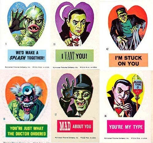 This may contain: an advertisement for the weirdest valentine's day cards from the 1950's