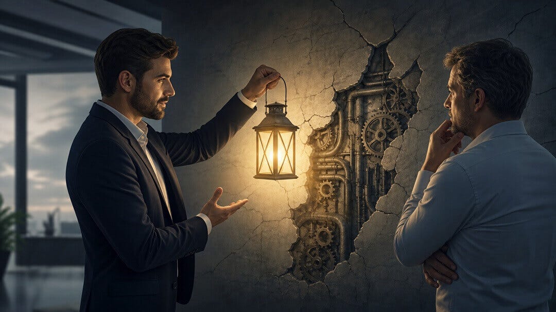 imagem de um vendedor segurando uma lanterna e mostrando para um cliente a parte interna de uma parede imagem de um vendedor segurando uma lanterna e mostrando para um cliente a parte interna de uma parede