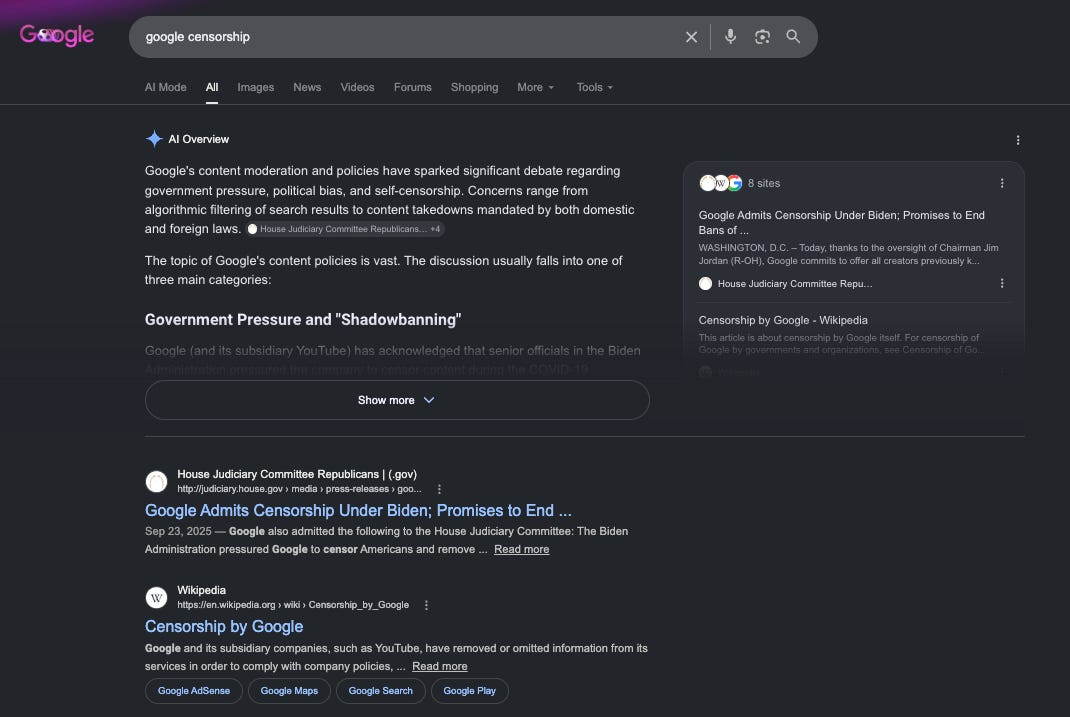 Screenshot of a Google search for 'google censorship' showing an AI overview and news results on content moderation.