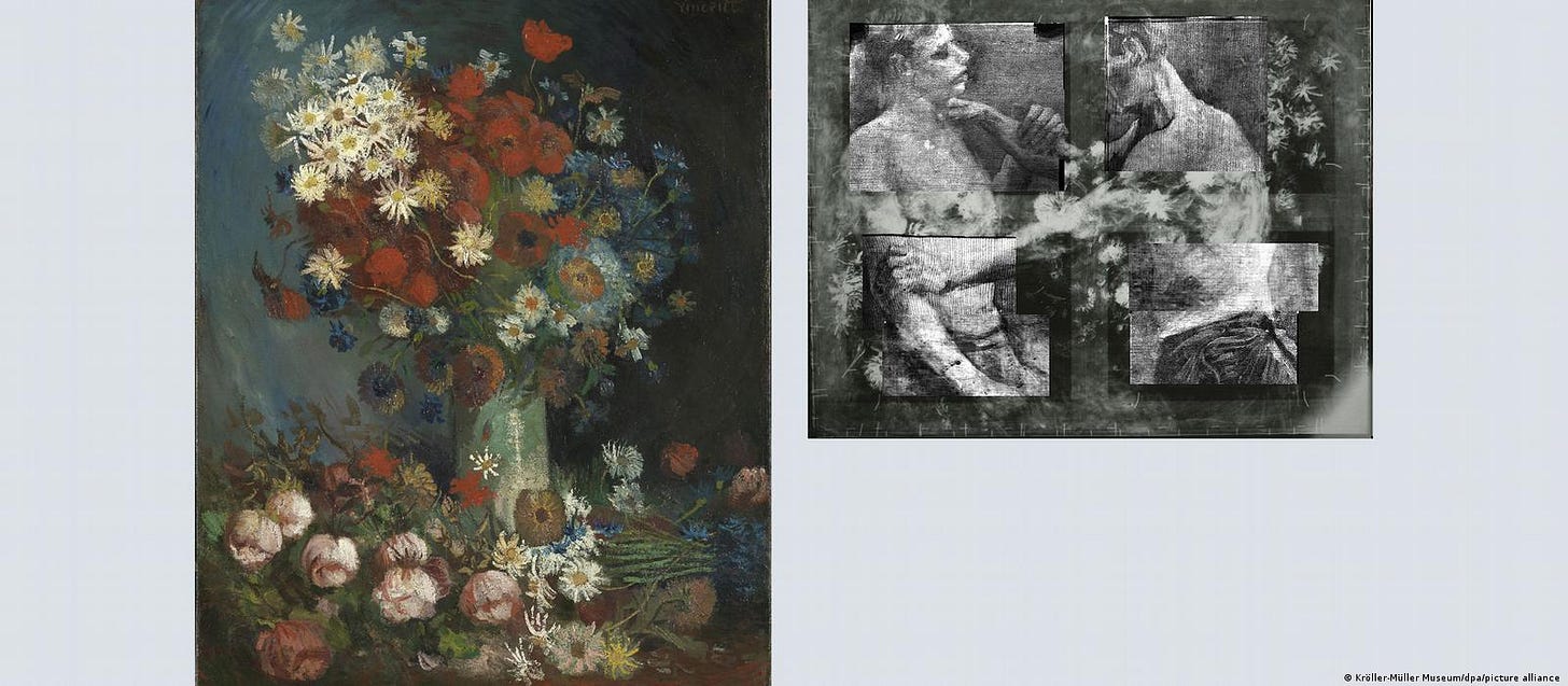 Two paintings, one shows a vase with flowers, the other two wrestlers Two paintings, one shows a vase with flowers, the other two wrestlers