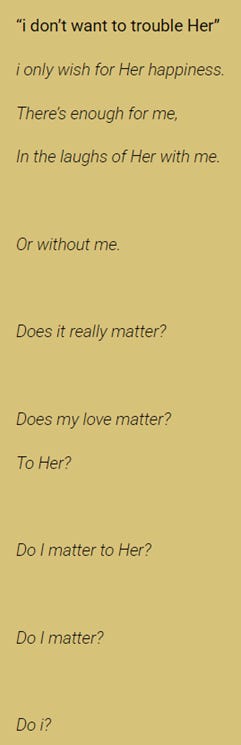 The text expresses a person's deep affection and concern for another, questioning the significance of their feelings and presence in the loved one's life.
AI-generated content may be incorrect. The text expresses a person's deep affection and concern for another, questioning the significance of their feelings and presence in the loved one's life.
AI-generated content may be incorrect.