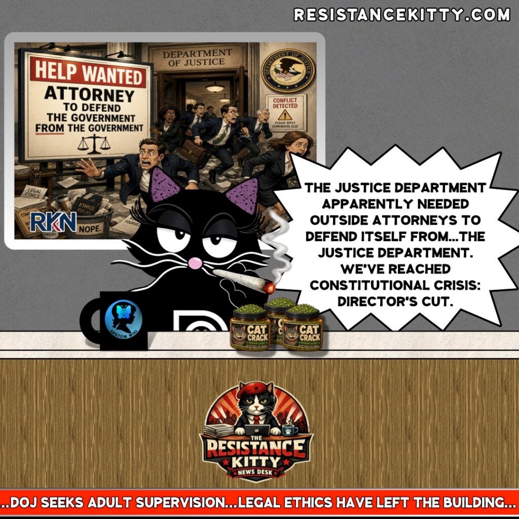 Resistance Kitty says, "The Justice Department apparently needed outside attorneys to defend itself from...the Justice Department. We've reached Constitutional Crisis: Director's Cut."