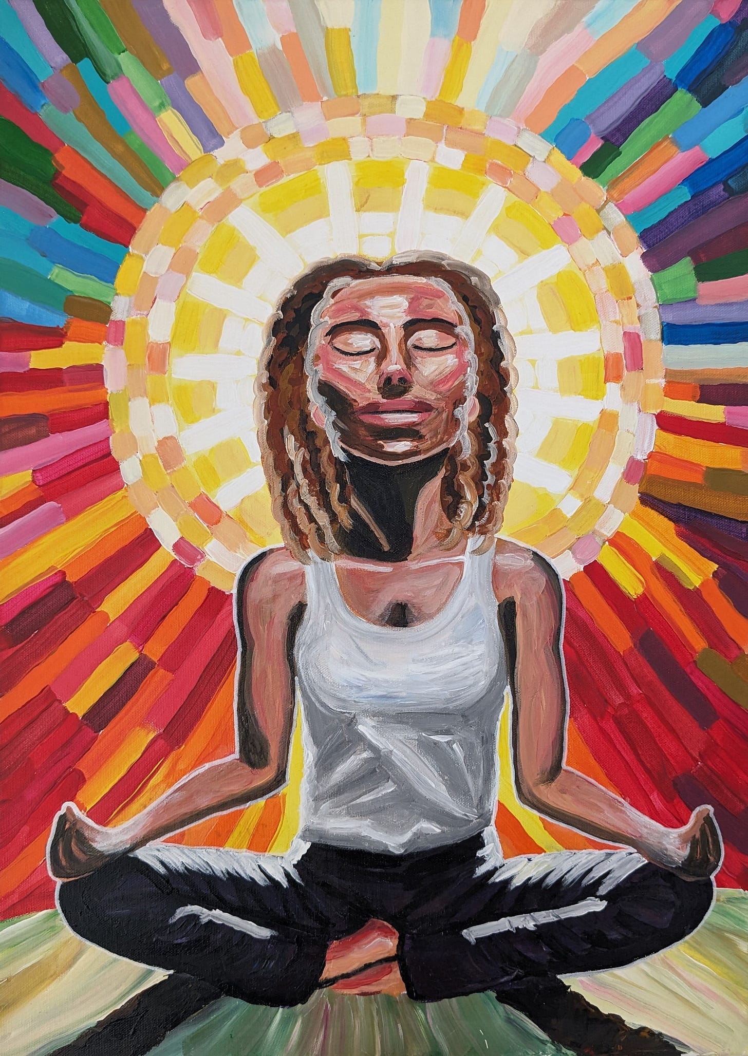 Girl meditating with a big sphere shining behind her radiating colorful rays