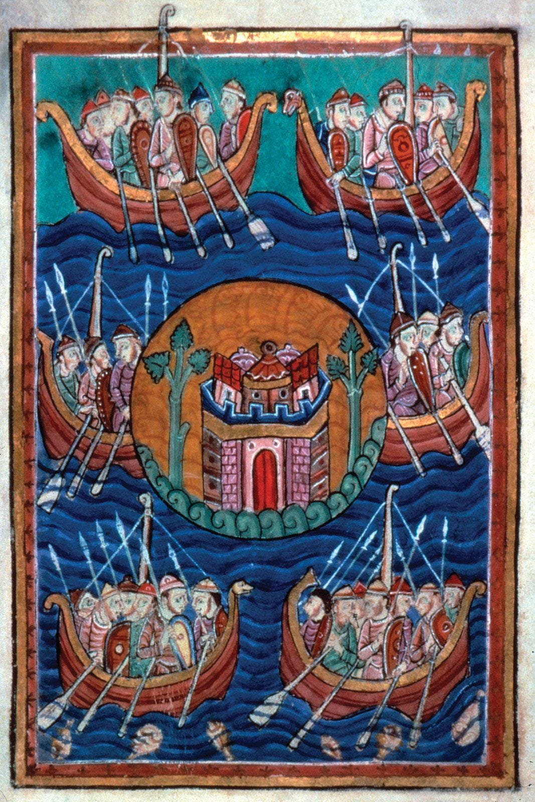 Viking: Illuminated manuscript showing Viking ships arriving in Britain --  Ency | Medieval art, Illuminated manuscript, Medieval paintings