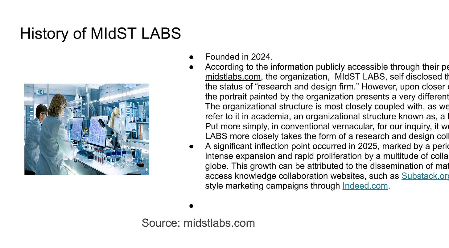 Slide titled "History of MIdST LABS" with a lot of text and a horribly distorted photo of a lab. Much of the text is cut off but conveys that it was founded in 2024 and doesn't seem to be a research and design firm. There is also speak of some marketing campaign on Indeed.