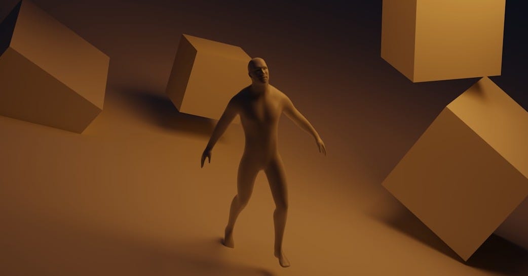 a man standing in front of a group of cubes