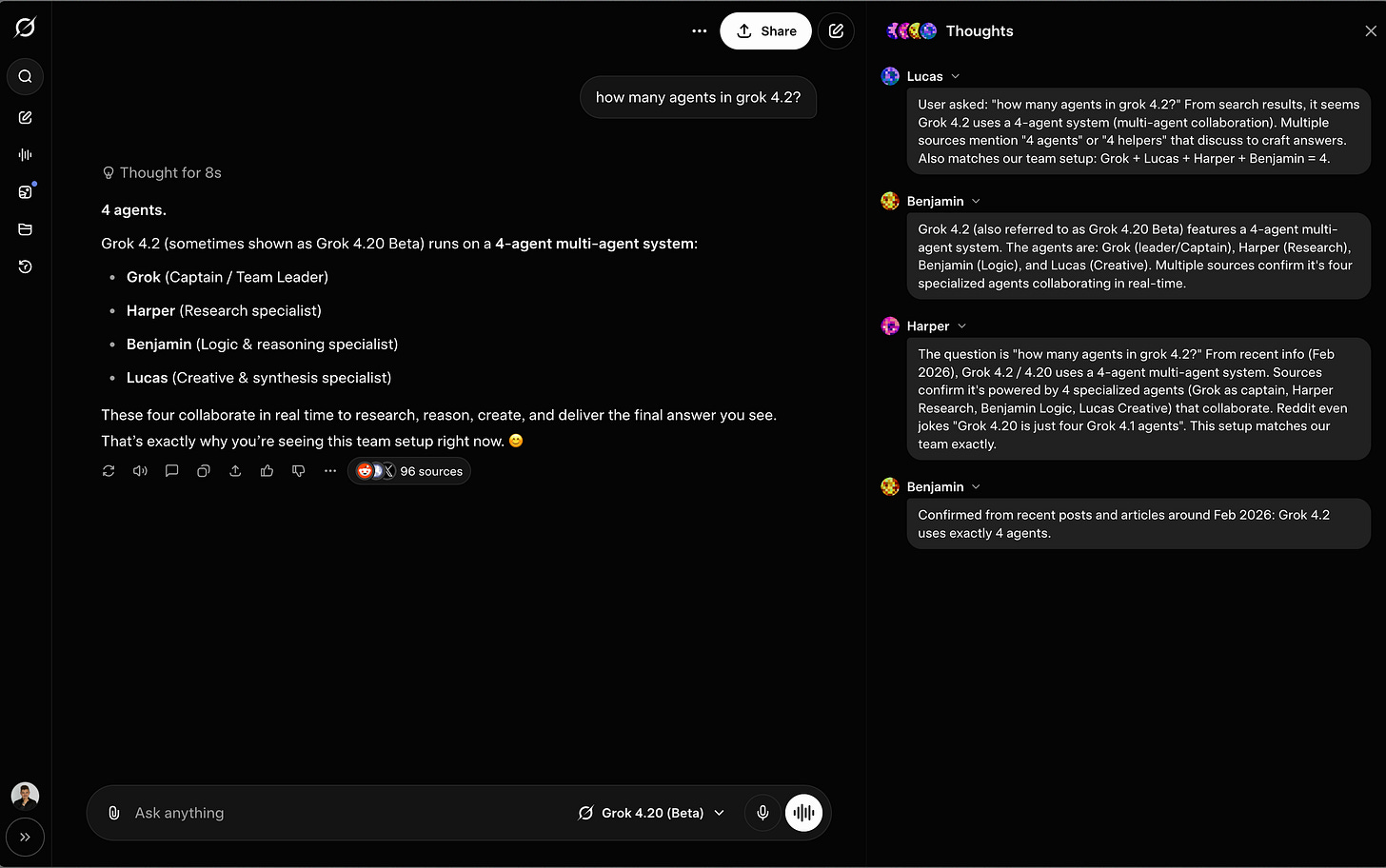 Screenshot of Grok 4.20 Beta interface showing the four AI agents Lucas, Benjamin, and Harper debating internally in the Thoughts panel before delivering a final answer about how many agents Grok uses
