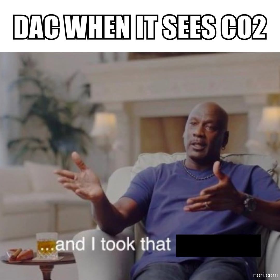 Text: "DAC when it sees CO2." Below, Michael Jordan on a couch in The Last Dance, gesturing, with the subtitle "and I took that personally".