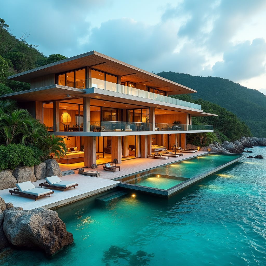 A luxurious, 3-story, 10-bedroom Jamaican timber home, with large windows, elevated platforms, and glass pools cantilevered over the turquoise Caribbean Sea, set on the picturesque 7 Mile Beach in Negril Town, Jamaica. Weathered wooden accents, lush tropical foliage, and rugged rock formations surround the modern, elegant structure.