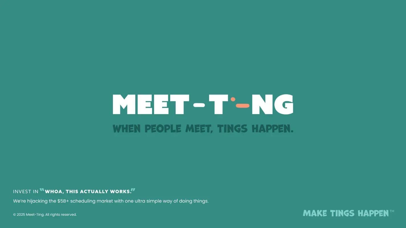 Slide describing Meet-Ting’s goal of reaching a billion connections and saving the world from two billion scheduling emails.