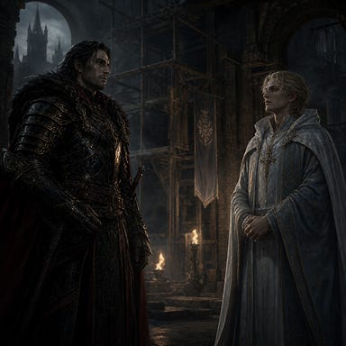 Strahd and Sergei von Zarovich meeting for the first time in Castle Ravenloft: Strahd as a war‑scarred, commanding general in dark armor, Sergei as a luminous young priest in silver‑blue vestments, both with original faces not resembling real people, standing in an unfinished stone hall lit by torchlight and drifting mist, Barovian Gothic atmosphere