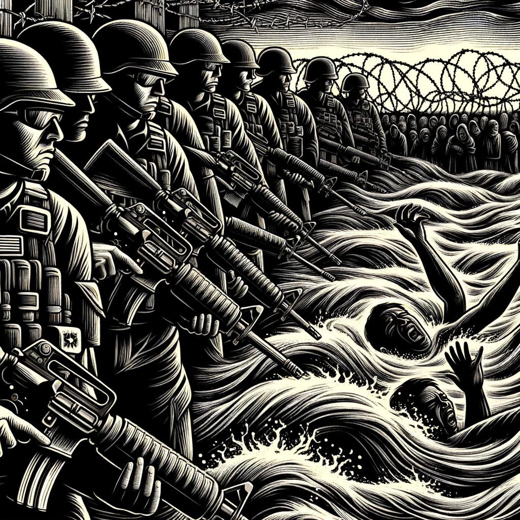 A woodcut style illustration depicting a dramatic and intense scene. The image features troops equipped with AR15 rifles, positioned behind barbed wire. They are illustrated with stern and authoritative expressions, highlighting the seriousness of their role. The barbed wire in front of them adds a stark and formidable barrier element to the scene. In the foreground, a turbulent river flows, with people visibly struggling and appearing to be drowning. The river's current is dynamically represented with swirling lines, enhancing the sense of chaos and distress. The faces of the people in the water show fear and desperation. The overall mood of the illustration is dark and tragic, capturing the gravity of the situation. A woodcut style illustration depicting a dramatic and intense scene. The image features troops equipped with AR15 rifles, positioned behind barbed wire. They are illustrated with stern and authoritative expressions, highlighting the seriousness of their role. The barbed wire in front of them adds a stark and formidable barrier element to the scene. In the foreground, a turbulent river flows, with people visibly struggling and appearing to be drowning. The river's current is dynamically represented with swirling lines, enhancing the sense of chaos and distress. The faces of the people in the water show fear and desperation. The overall mood of the illustration is dark and tragic, capturing the gravity of the situation.
