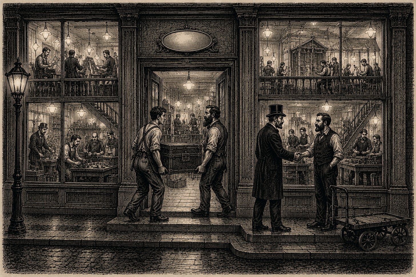 Wood-engraving editorial illustration in the Thomas Nast Harper's Weekly style for Attention Capital's essay The Exit Wave, Section V: The Counter-Case. Two proprietors carry a lender's strongbox in through their own workshop door while a banker shakes hands with their partner on the step and both floors of the building glow with doubled activity; the blank brass nameplate above the door stays. The image renders the Smosh inversion: Anthony Padilla and Ian Hecox financed their buyback from Mythical through Breeze Financial, kept the company, and more than doubled its headcount. Debt before the exit, and the founders keep the company. Keywords: Smosh buyback, Breeze Financial, creator economy credit, founder ownership, attention capital. Wood-engraving editorial illustration in the Thomas Nast Harper's Weekly style for Attention Capital's essay The Exit Wave, Section V: The Counter-Case. Two proprietors carry a lender's strongbox in through their own workshop door while a banker shakes hands with their partner on the step and both floors of the building glow with doubled activity; the blank brass nameplate above the door stays. The image renders the Smosh inversion: Anthony Padilla and Ian Hecox financed their buyback from Mythical through Breeze Financial, kept the company, and more than doubled its headcount. Debt before the exit, and the founders keep the company. Keywords: Smosh buyback, Breeze Financial, creator economy credit, founder ownership, attention capital.