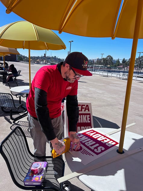 six pictures of faculty and staff union members and students from Cal State LA wearing union shirts and holding up signs that read "strike ready" and "faculty learning conditions are student learning conditions"