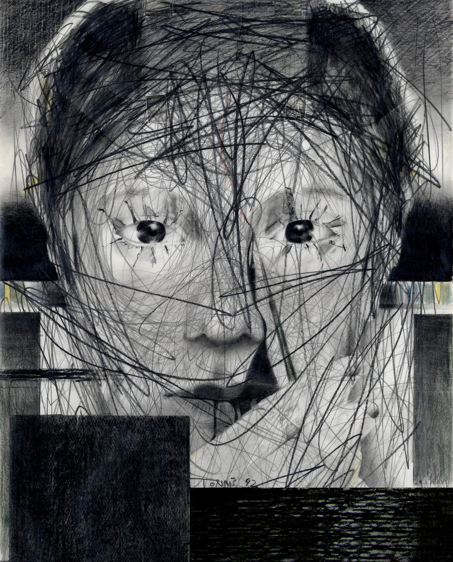 this is an artistic interpretation of a woman -- it's a sketch on graphite with paper, and it's really beautiful. mostly black and white and gray with a shade or two of blue and yellow in the line in the middle. the woman is staring just slightly down from center and she has been sketched over. this is the info the artist gave: Christiaan Tonnis : Female Warrior # 17 "Cutting Edge of Will" | 11.7 x 16.5 inches | Graphite pencil on paper | Weiblicher Krieger # 17 "Klinge des Willens" | Bleistift auf Papier | 29,6 x 42 cm | 1992 this is an artistic interpretation of a woman -- it's a sketch on graphite with paper, and it's really beautiful. mostly black and white and gray with a shade or two of blue and yellow in the line in the middle. the woman is staring just slightly down from center and she has been sketched over. this is the info the artist gave: Christiaan Tonnis : Female Warrior # 17 "Cutting Edge of Will" | 11.7 x 16.5 inches | Graphite pencil on paper | Weiblicher Krieger # 17 "Klinge des Willens" | Bleistift auf Papier | 29,6 x 42 cm | 1992