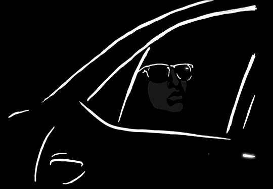 This may contain: a man wearing sunglasses sitting in the passenger seat of a car with his head out the window