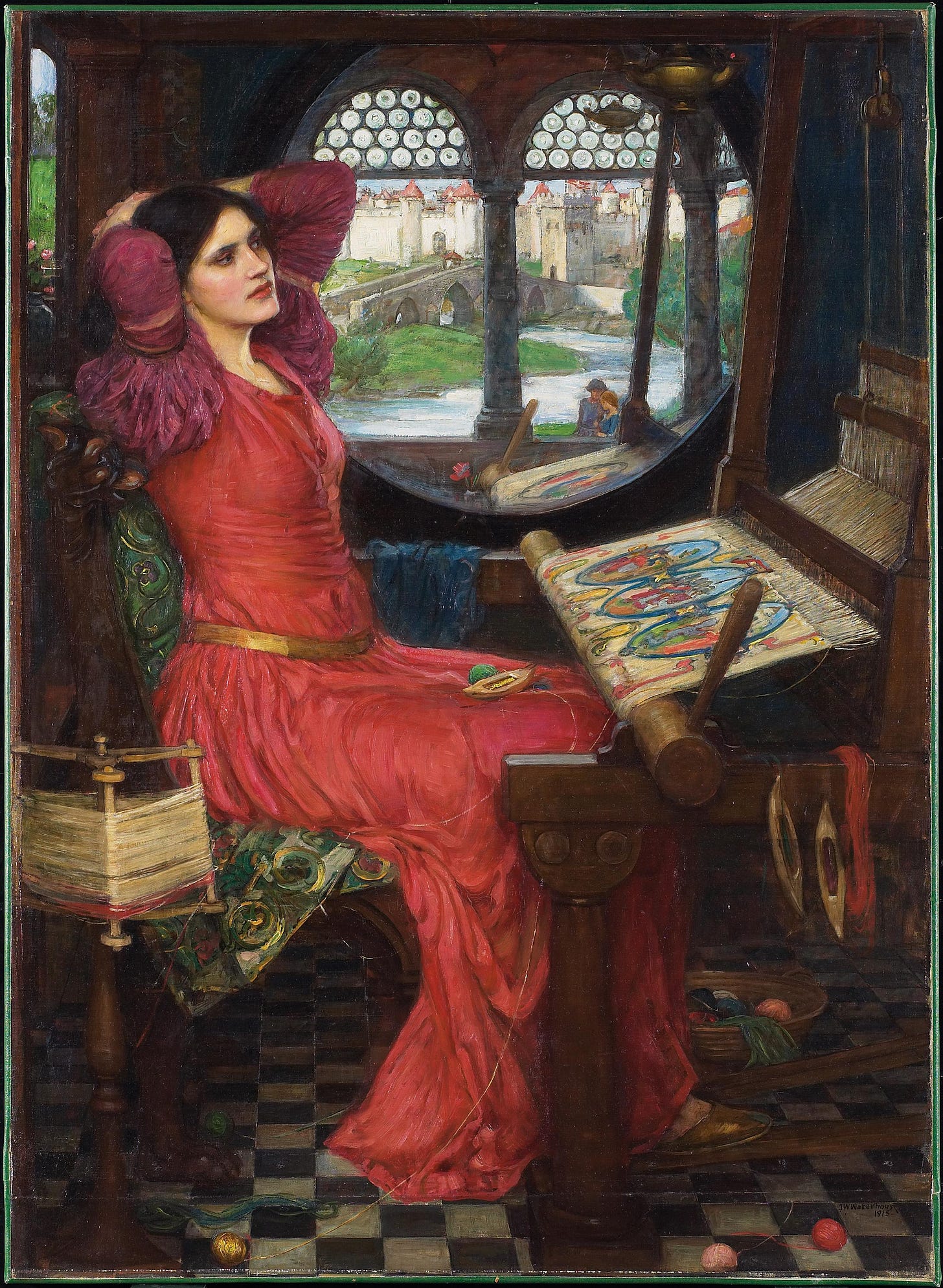 Waterhouse Lady of Shalott at her loom with a mirror
