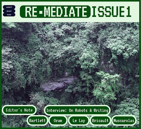 Three images of the covers of three issues of Remediate— issue 0, issue 1, and issue 2. The covers are blue, red, and green respectively.