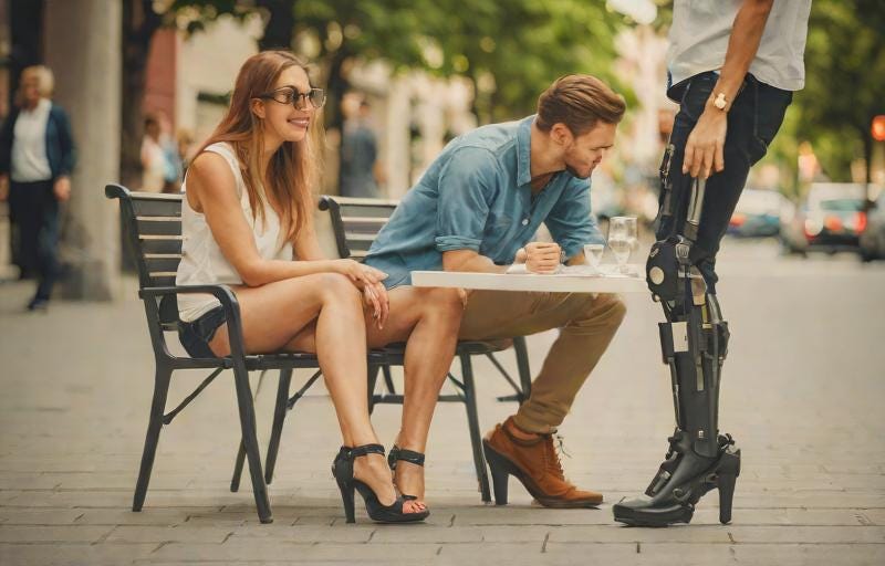 One white able-bodied woman, one white man with one leg, and a cyborg leg with head out of frame