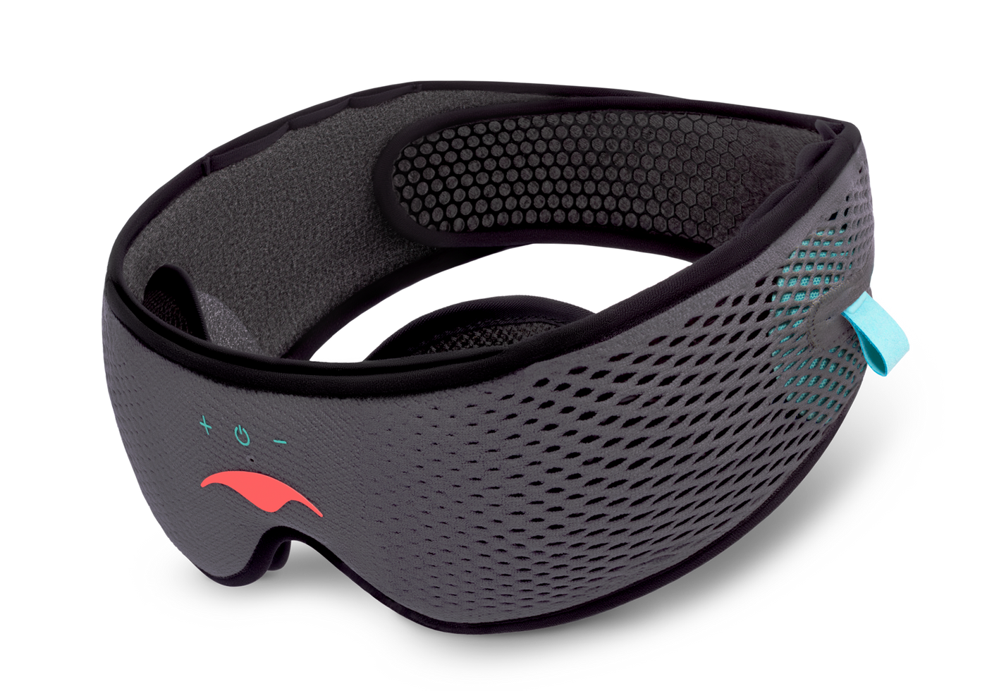 An angled view of the grey Manta SOUND Sleep Mask with built-in headphones, featuring a mesh texture, a coral logo, and electronic control icons on white. An angled view of the grey Manta SOUND Sleep Mask with built-in headphones, featuring a mesh texture, a coral logo, and electronic control icons on white.