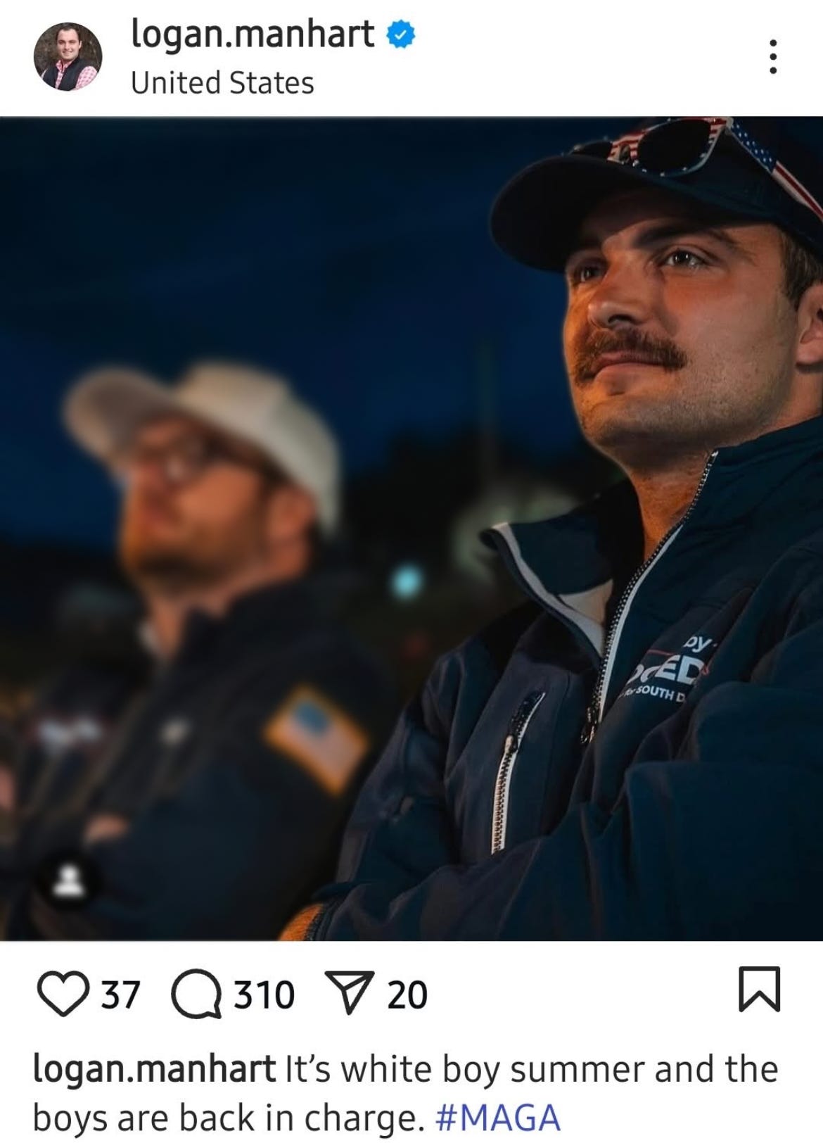   This screenshot shows state Rep. Logan Manhart’s Fourth of July Instagram post captioned “It’s white boy summer and the boys are back in charge. #MAGA.” Manhart is pictured at right. South Dakota Searchlight blurred the image of the unidentified bystander at left.