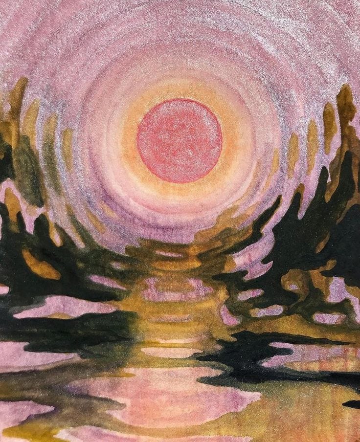 This may contain: an abstract painting with water and trees in the background