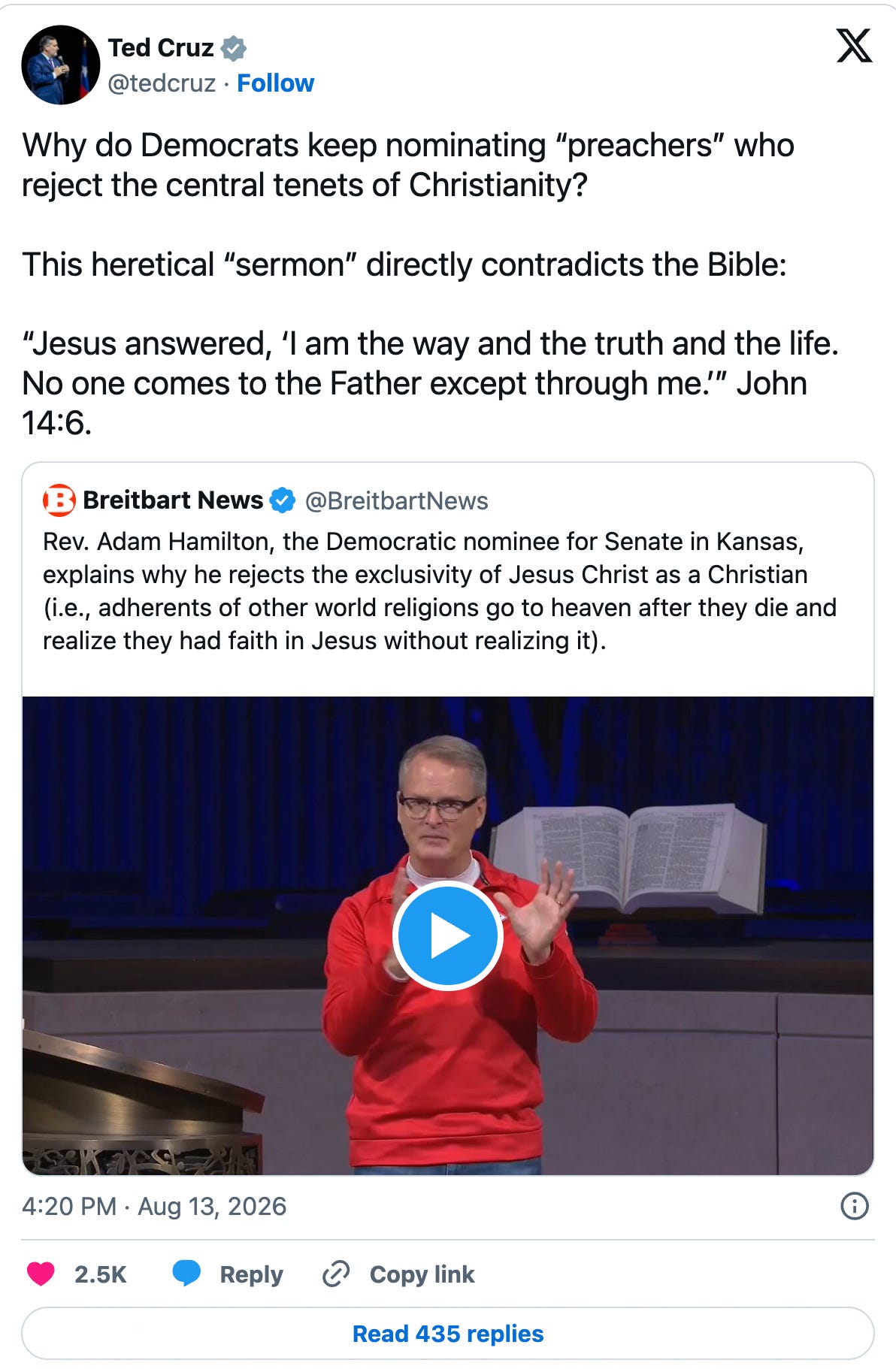Why do Democrats keep nominating “preachers” who reject the central tenets of Christianity?  This heretical “sermon” directly contradicts the Bible:  “Jesus answered, ‘I am the way and the truth and the life. No one comes to the Father except through me.’” John 14:6.