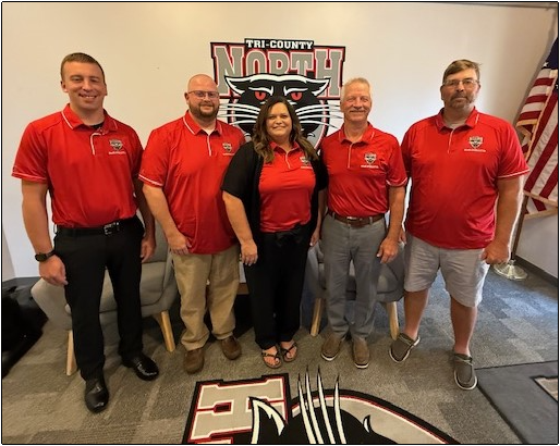 Tri-County North’s 2025 Board of Education; L-R:  Aaron Fritz, William Hapner, Vickie Woodyard, Larry Seibel, Clint Baughman.