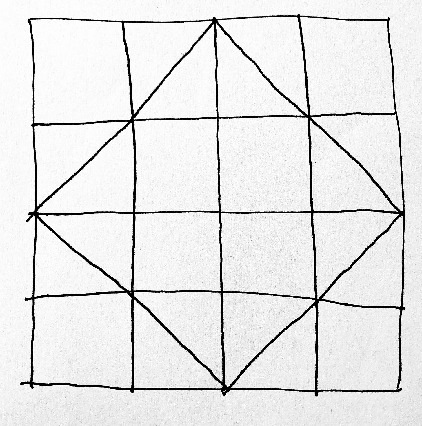 A four-by-four square with another square inscribed inside it, consisting of the diagonals between the midpoints of the original square. A four-by-four square with another square inscribed inside it, consisting of the diagonals between the midpoints of the original square.