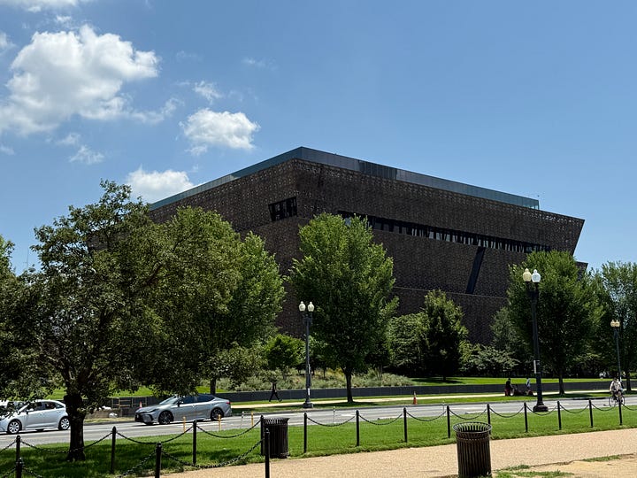 Pictures from a 2025 summer visit to the National Museum of African American History. It includes photos from exhibitions including Mahalia Jackson, the building itself and a book for sale titled "Reckoning" with an artful image of Harriet Tubman. Always work to educate and share the truth.