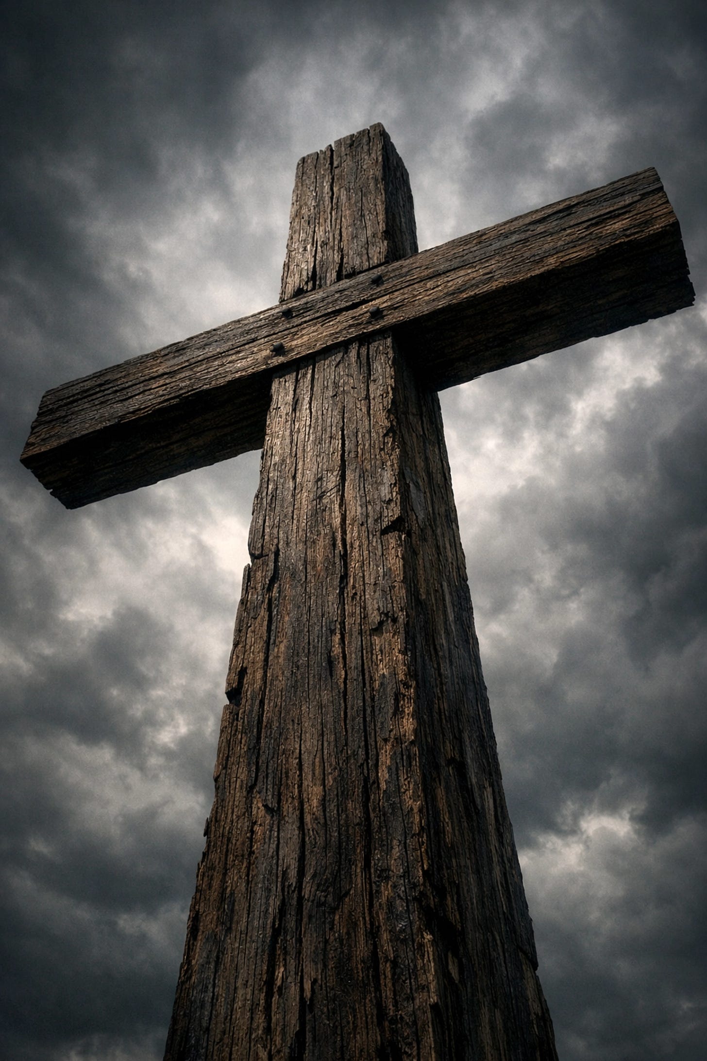 Close-up of a weathered wooden cross against a somber sky, representing symbolic leadership and faith.