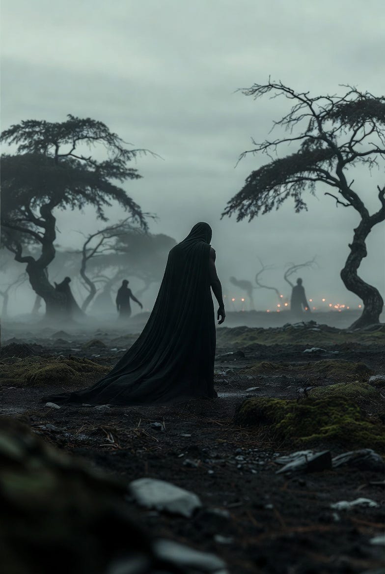 A solitary figure in a contemplative pose within a surreal, misty landscape.