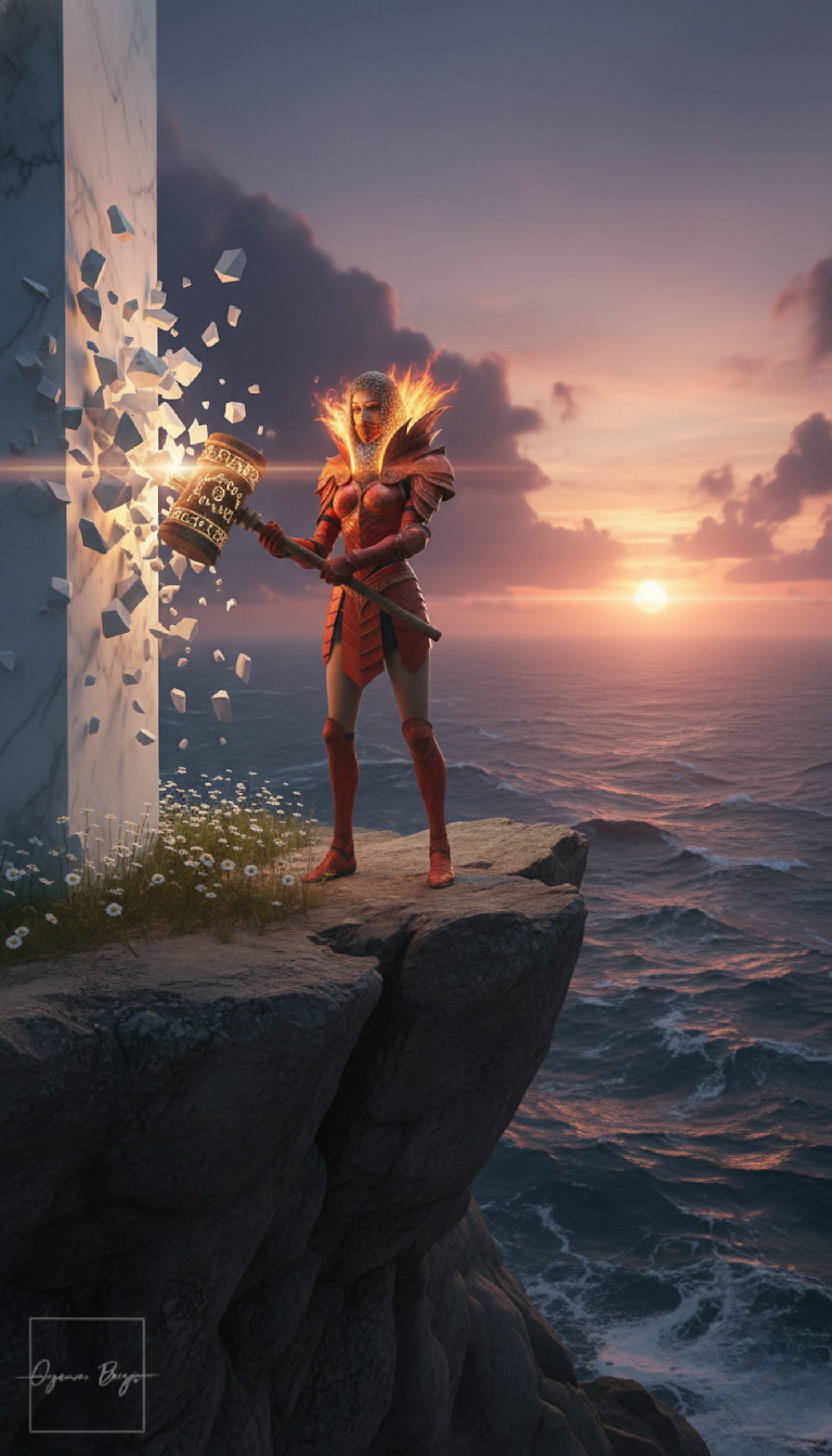 Ilustração artística de Oryanna Borges: Mulher com armadura escarlate detalhada, incluindo gola de fogo e babeira de metal. Ela está em um campo de flores brancas sob névoa, com olhos verdes expressivos encarando o espectador