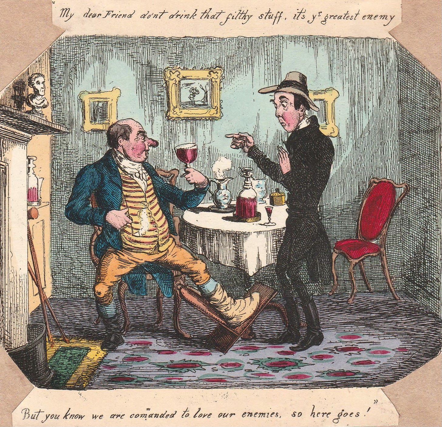 A cartoon of a rich Regency era man with a swollen foot from gout drinking wine and eating red meat A cartoon of a rich Regency era man with a swollen foot from gout drinking wine and eating red meat