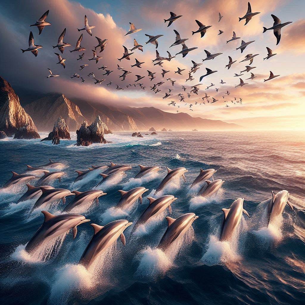 super pod of dolphins in monterey bay photorealistic