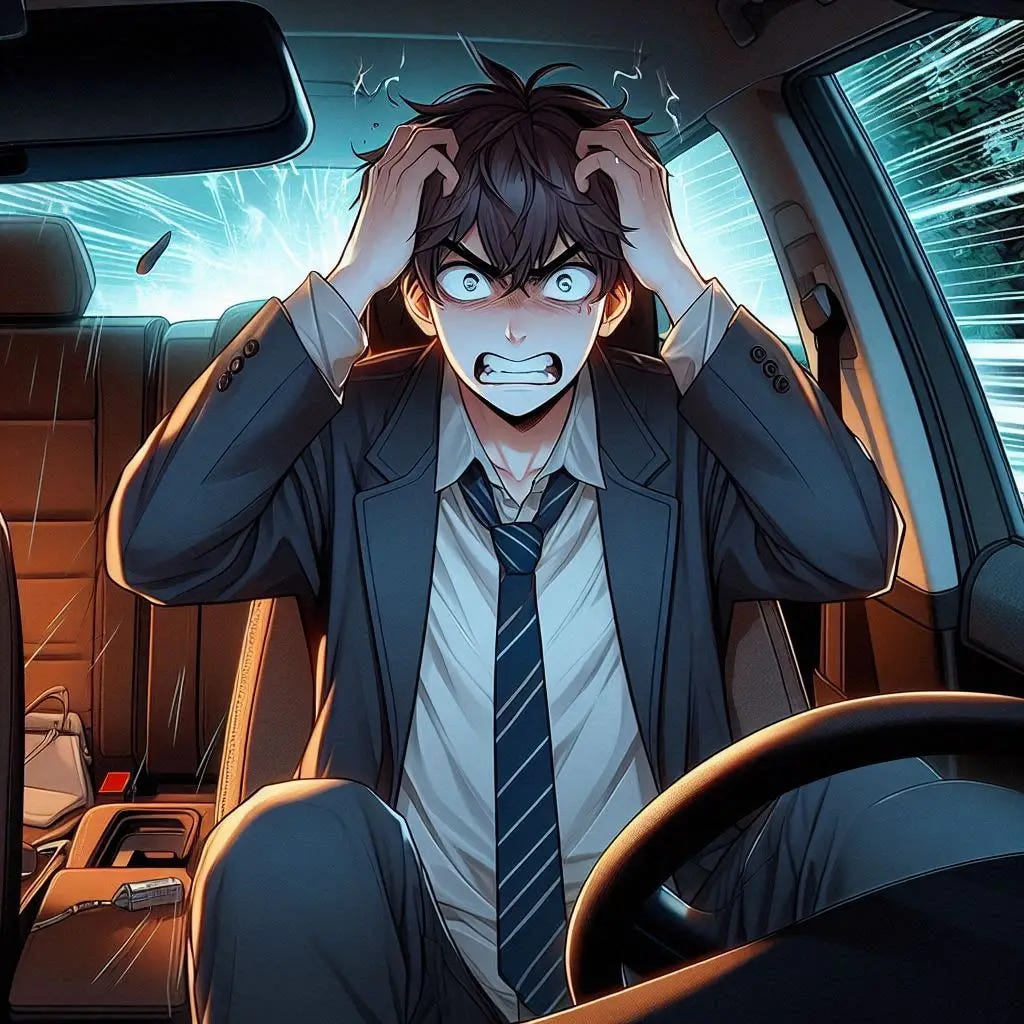 a young man sitting in his car panicking and very very angry. anime art style dark.
